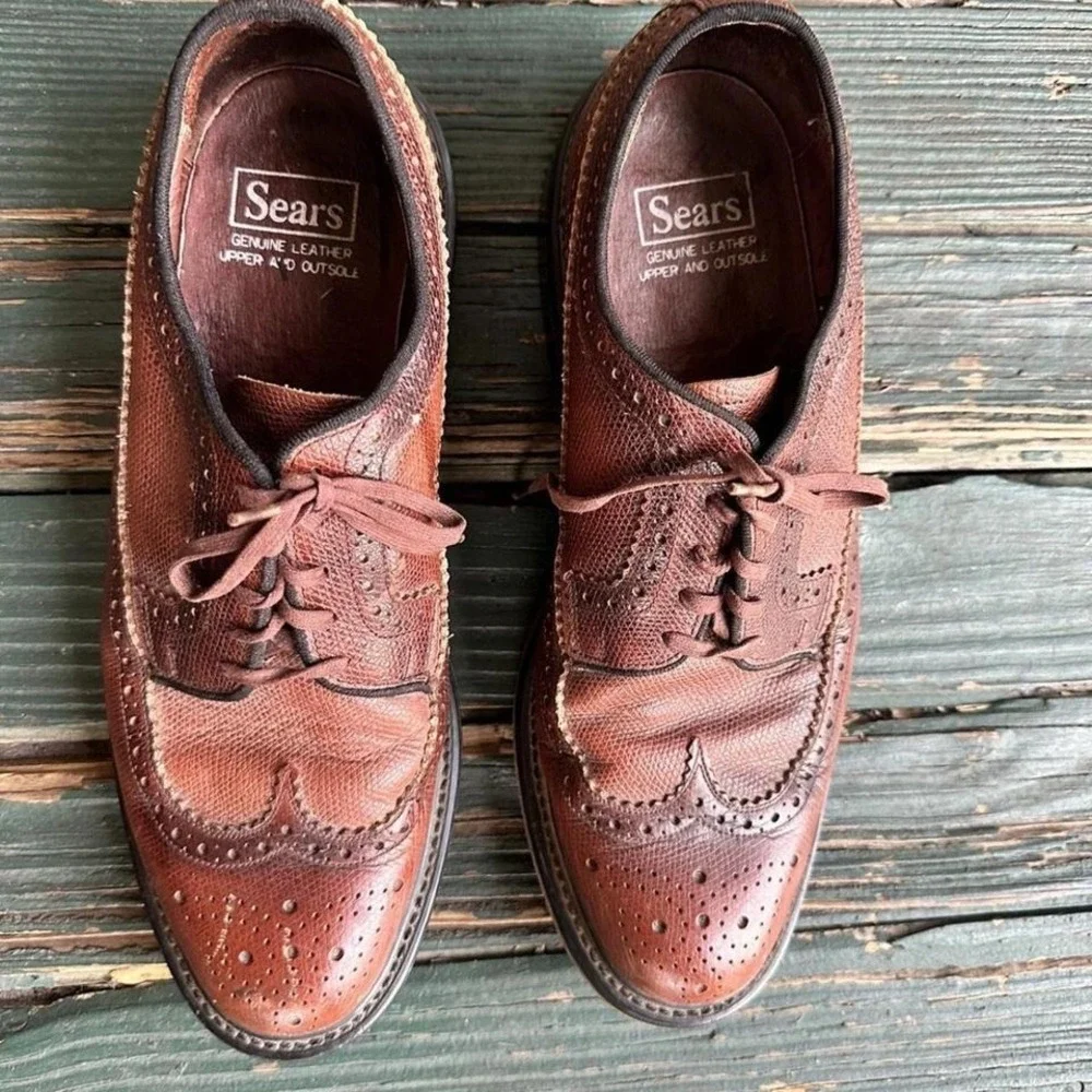 SEARS Vintage‎ Derby Dress Shoes Size 9 1/2 D Brogue Long Wingtips Brown